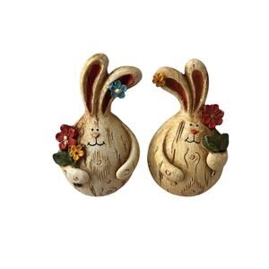 Set of 2 Rustic Easter Bunny Rabbit Figurines Holding Flower Spring Decor Easter